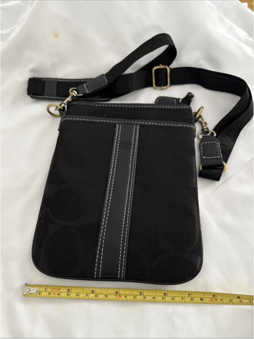 Coach Black Canvas Leather Adj Strap Crossbody Satchel Bag Brass Hardware Purse
